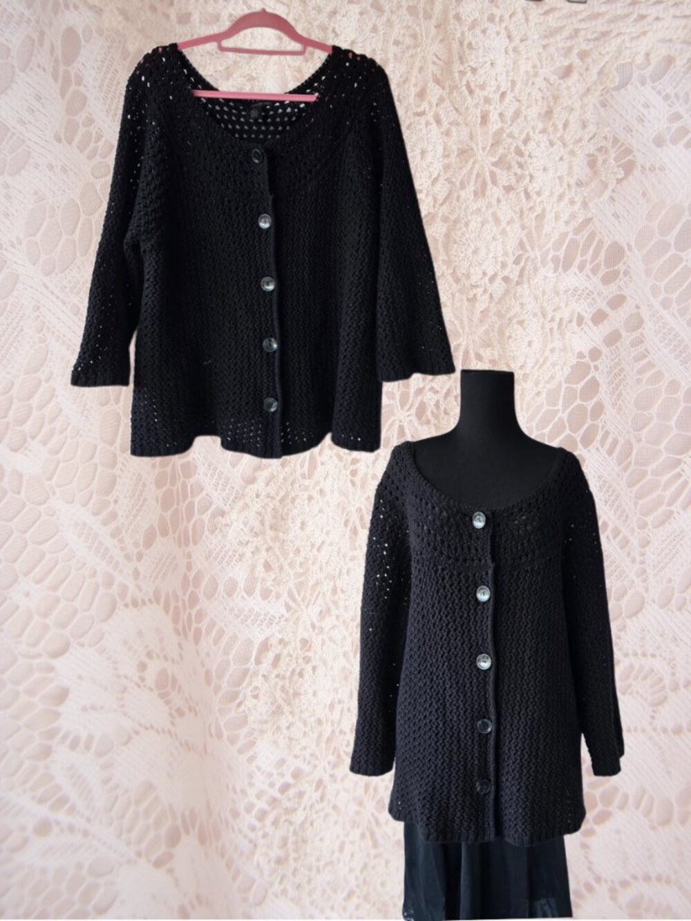 Black Shimmer Crochet Knit Button Down Cardigan Sweater - 2X